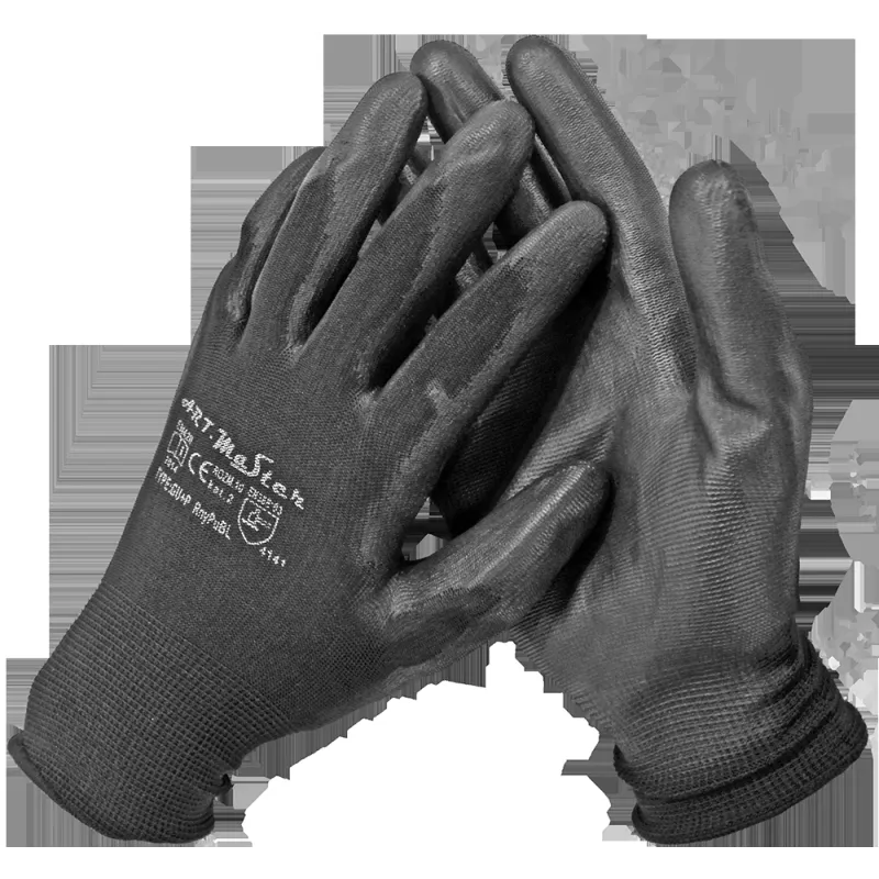 Cimdi poliester ar melnu PU pārkl. 7.izm B+B