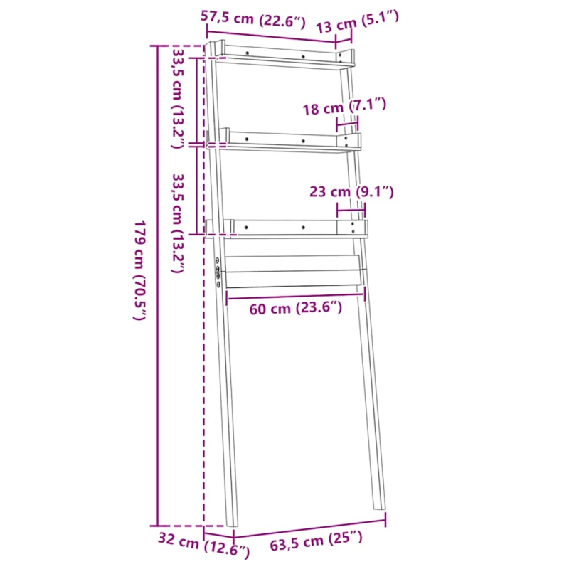 vidaXL tualetes plaukts, balts, 63,5x32x179 cm, priedes masīvkoks