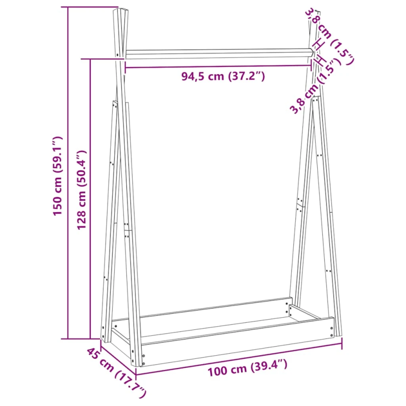 vidaXL drēbju pakaramais, 100x45x150 cm, priedes masīvkoks