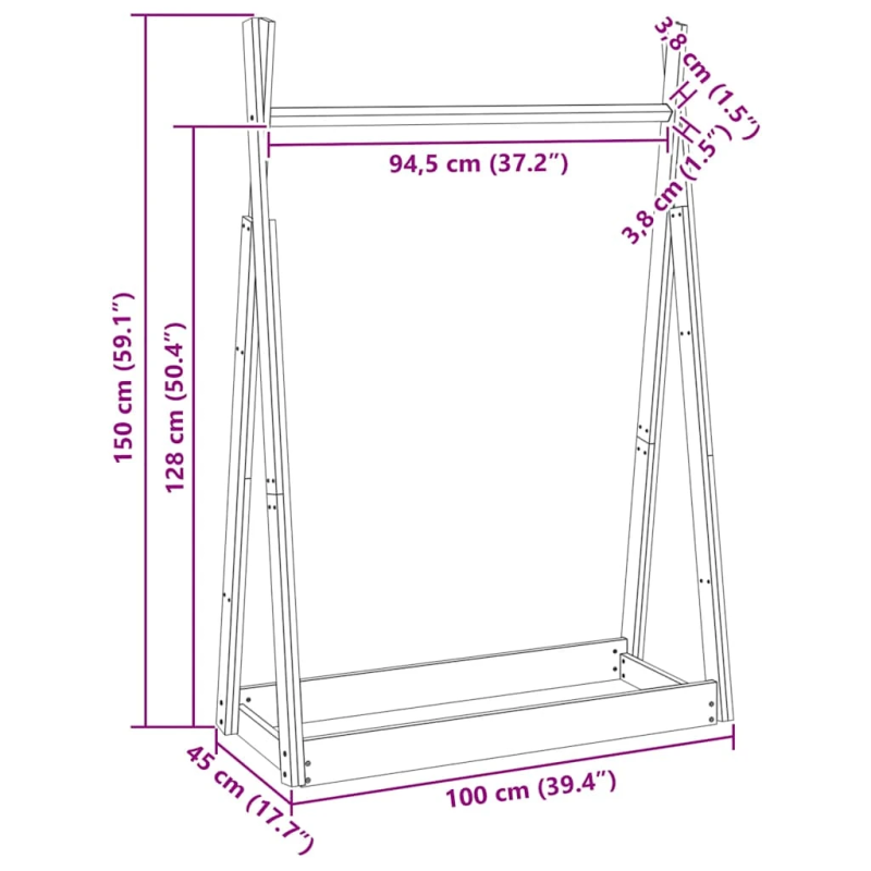 vidaXL drēbju pakaramais, balta, 100x45x150 cm, priedes masīvkoks