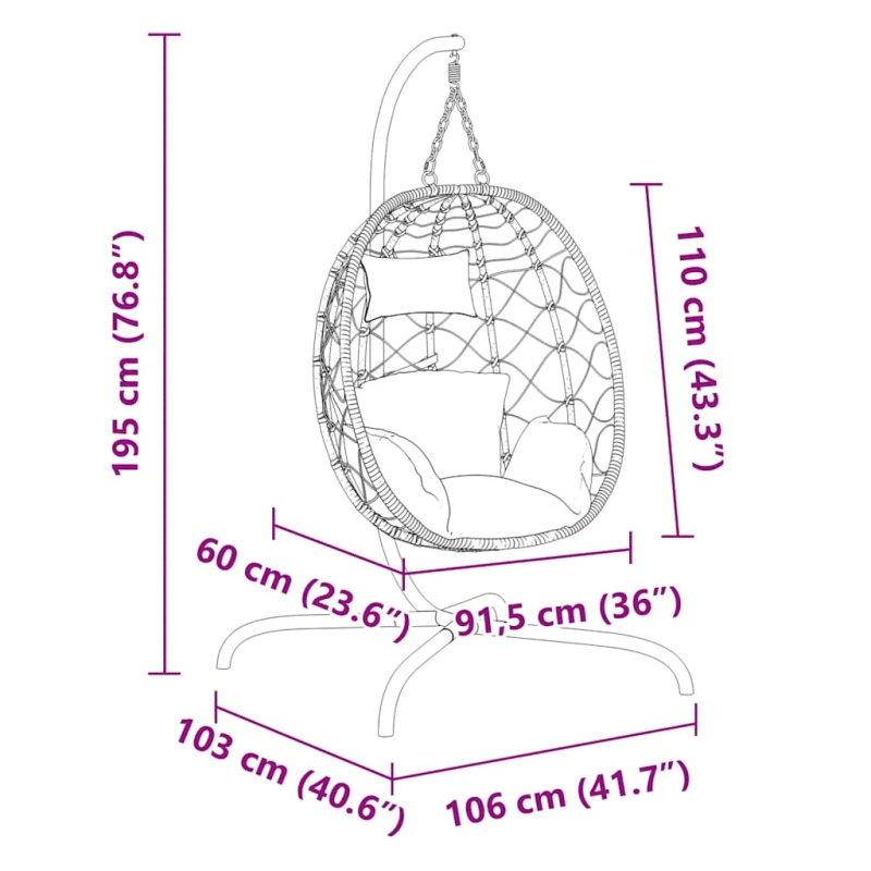 vidaXL piekarināms olu formas krēsls ar spilvenu, pelēkbrūns, polietilēna rotangpalma un tērauds