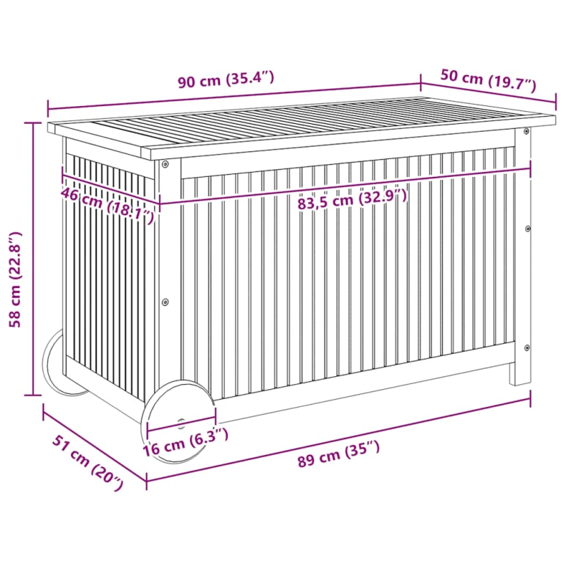 vidaXL dārza uzglabāšanas kaste ar riteņiem, 90x50x58cm, akācijas koks