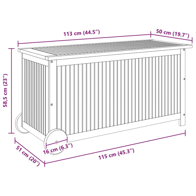 vidaXL dārza mantu kaste ar riteņiem, 113x50x58cm, akācijas koks