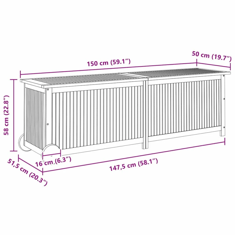 vidaXL dārza mantu kaste ar riteņiem, 150x50x58 cm, akācijas koks