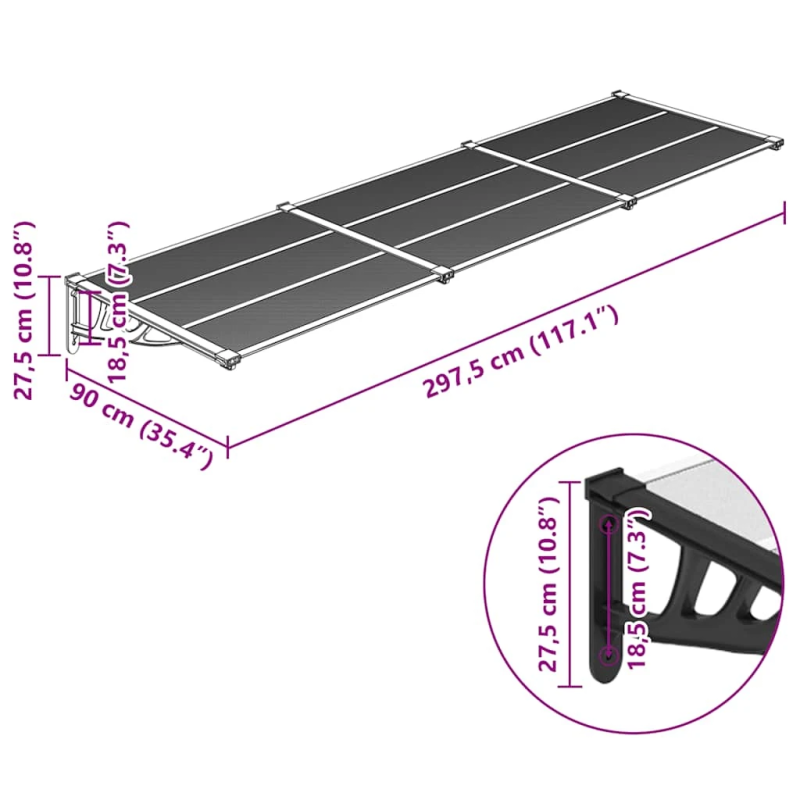 vidaXL durvju jumtiņš, melns, caurspīdīgs, 297,5x90 cm, polikarbonāts