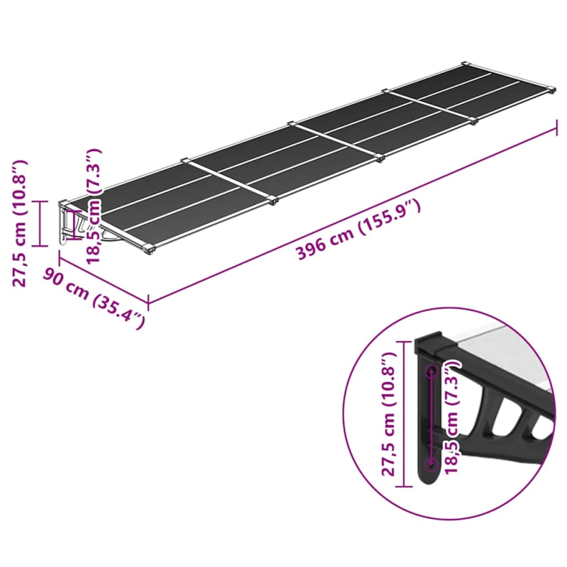 vidaXL durvju jumtiņš, melns, caurspīdīgs, 396x90 cm, polikarbonāts