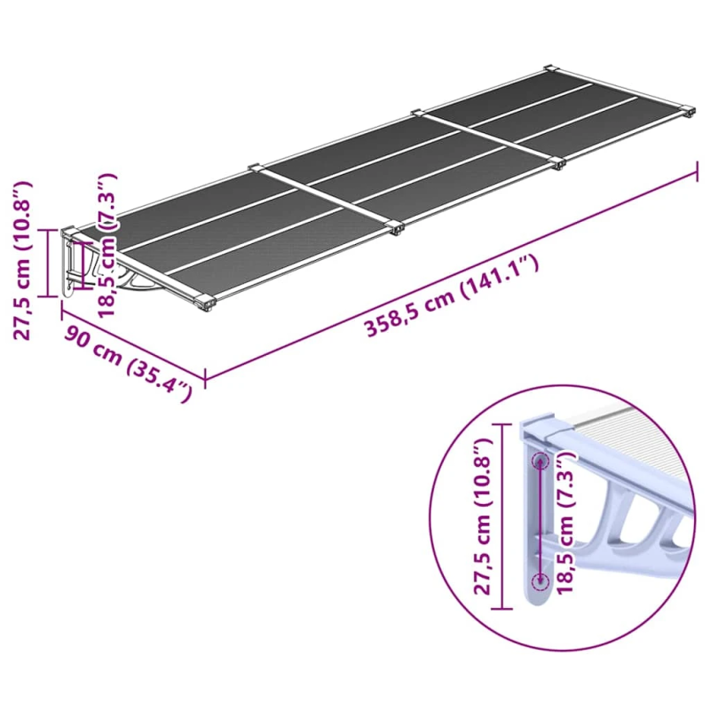 vidaXL durvju jumtiņš, pelēks, caurspīdīgs, 358,5x90 cm, polikarbonāts