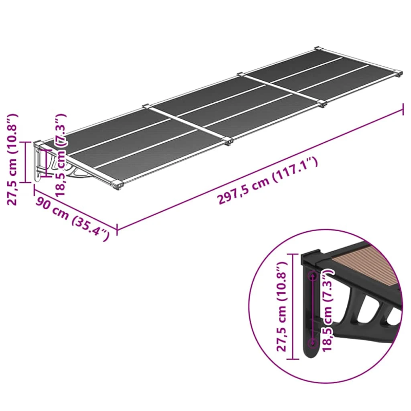 vidaXL durvju nojume, melna, 297,5x90 cm, polikarbonāts