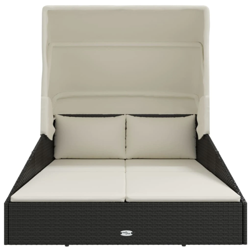 vidaXL sauļošanās gulta ar jumtu, 200x114x128 cm, melna PE rotangpalma