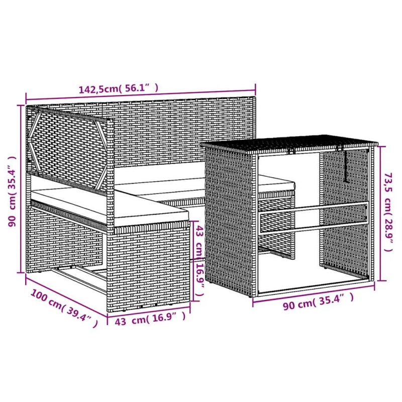 vidaXL dārza dīvāns ar galdiņu un spilveniem, brūna PE rotangpalma