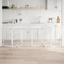 vidaXL suņu vārti ar salokāmām durvīm, 6 paneļi, balti, 300 cm, papeles koks