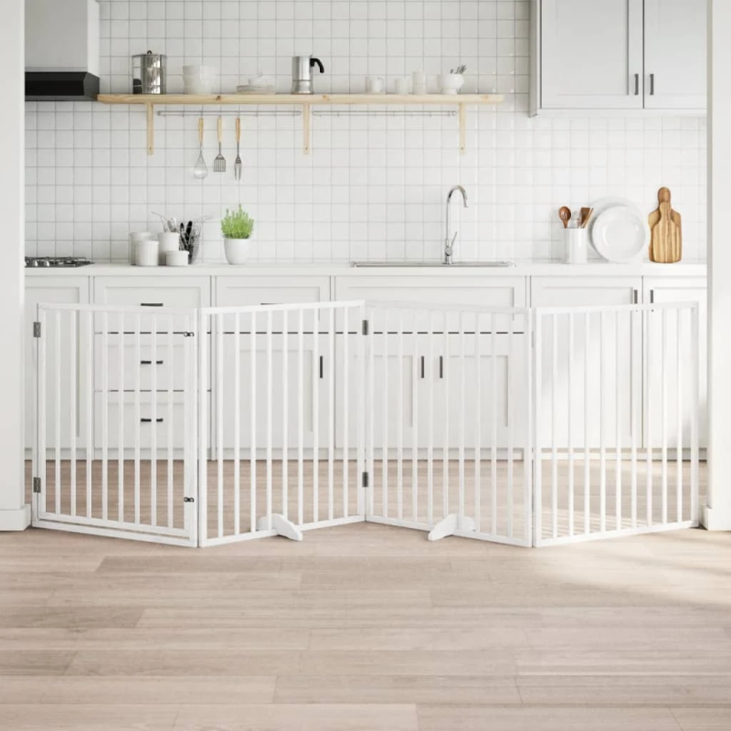 vidaXL suņu vārti ar salokāmām durvīm, 4 paneļi, balti, 320 cm, papeles koks