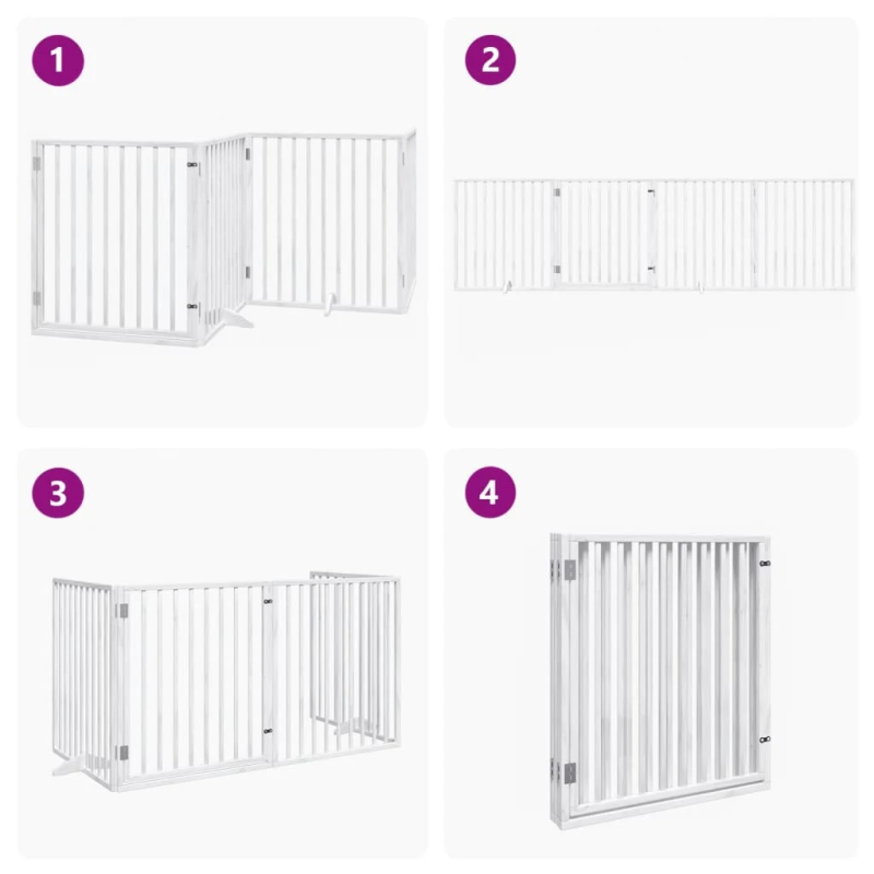 vidaXL suņu vārti ar salokāmām durvīm, 4 paneļi, balti, 320 cm, papeles koks