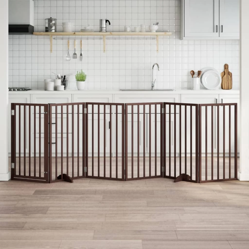 vidaXL suņu vārti ar salokāmām durvīm, 6 paneļi, brūni, 300 cm, papeles koks