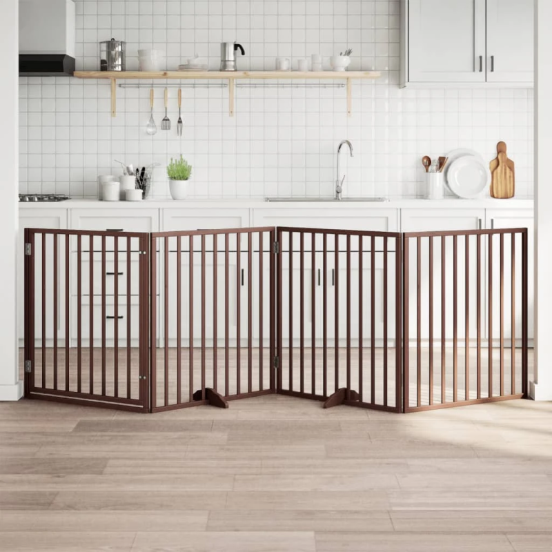 vidaXL suņu vārti ar salokāmām durvīm, 4 paneļi, brūni, 320 cm, papeles koks