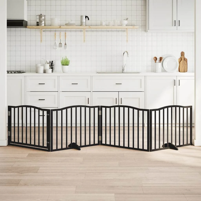 vidaXL suņu vārti ar salokāmām durvīm, 4 paneļi, melni, 320 cm, papeles koks