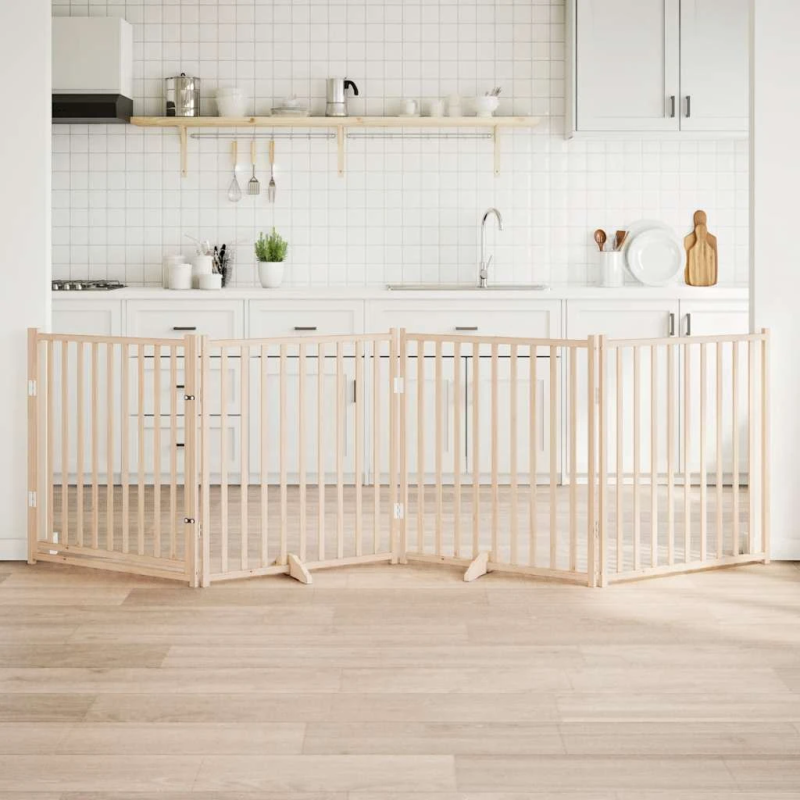 vidaXL suņu vārti ar salokāmām durvīm, 4 paneļi, 320 cm, masīvkoks, egle