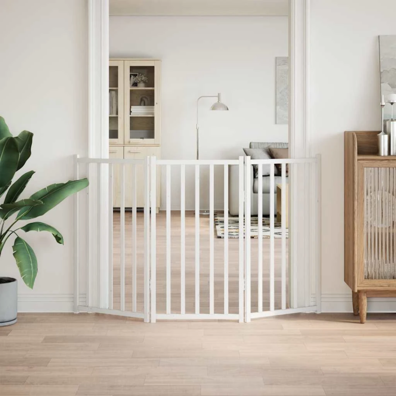 vidaXL suņu vārti, salokāmi, 3 paneļi, balti, 150 cm, egles masīvkoks