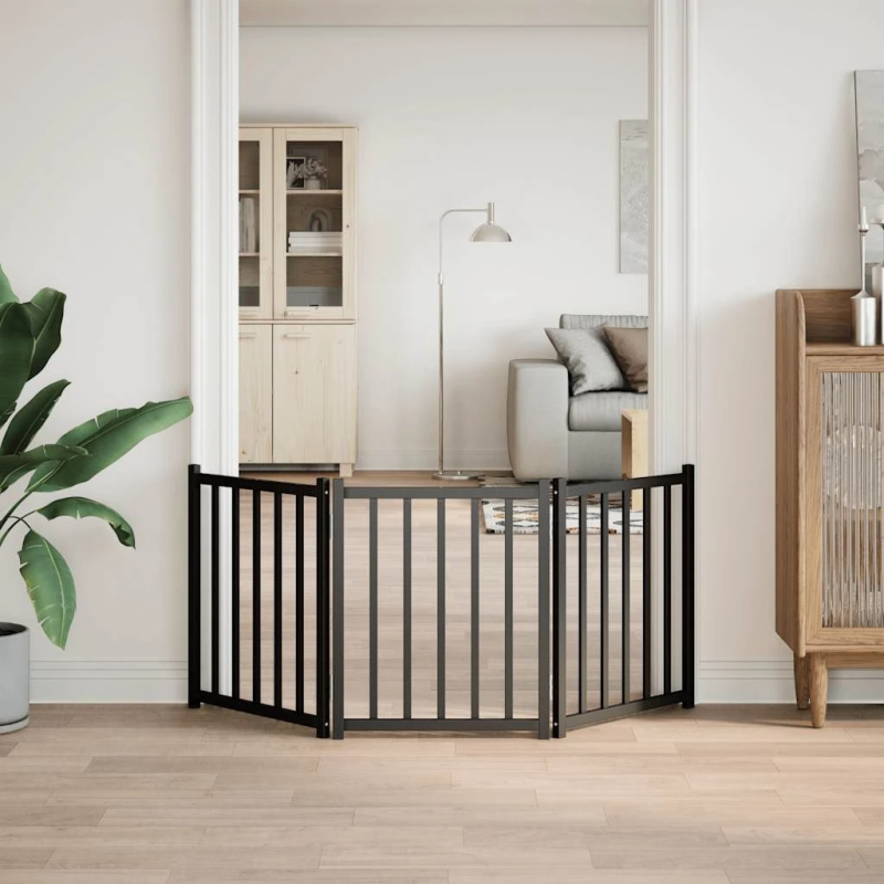 vidaXL suņu vārti, salokāmi, 3 paneļi, melni, 150 cm, egles masīvkoks