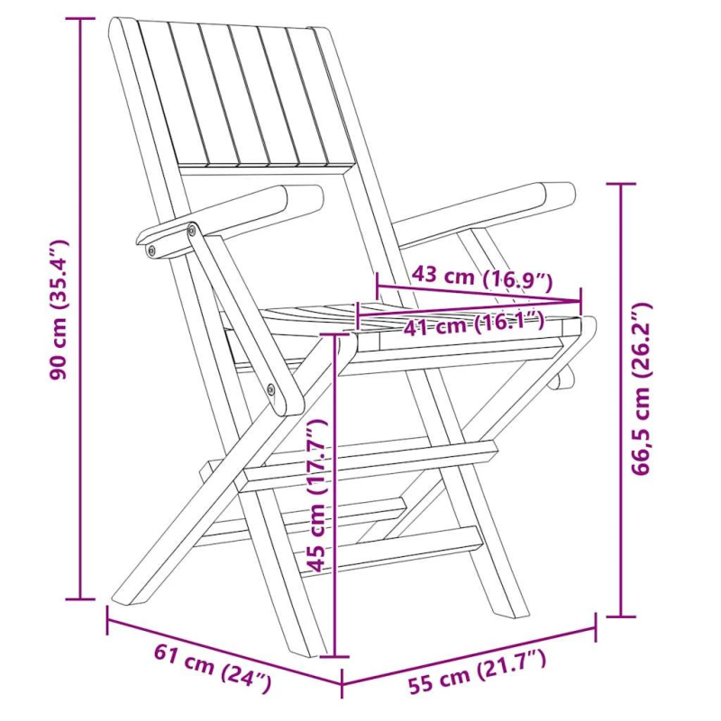 vidaXL saliekami dārza krēsli, 4 gab., 55x61x90 cm, masīvs tīkkoks