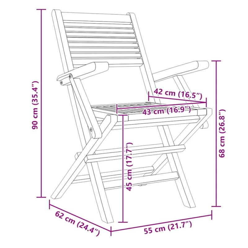 vidaXL saliekami dārza krēsli, 4 gab., 55x62x90 cm, masīvs tīkkoks