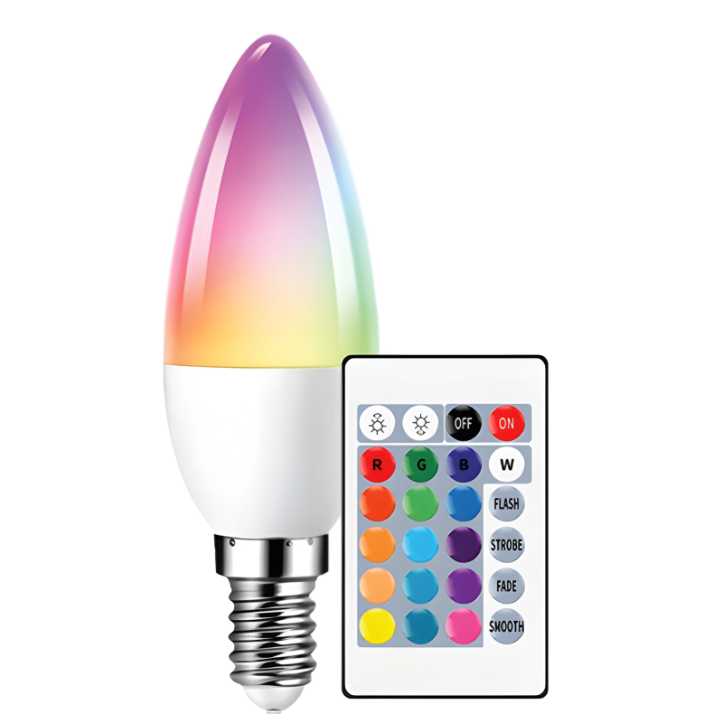 LED spuldze 6W C37 E14 3000k RGB ar pulti BESK