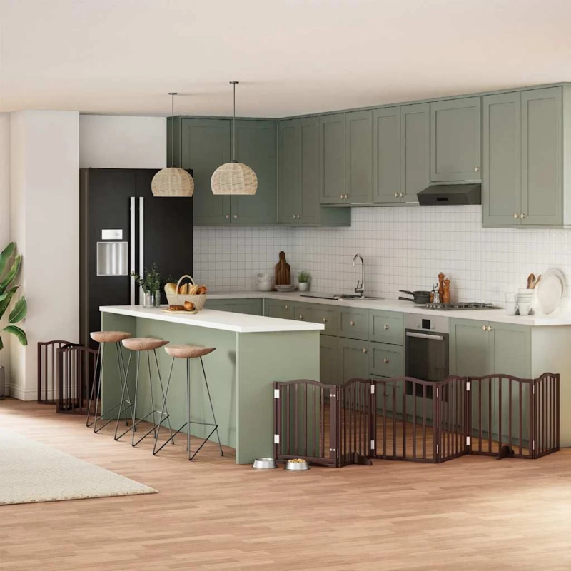 vidaXL suņu vārti ar durvīm, salokāmi, 9 paneļi, 450 cm, papeles koks