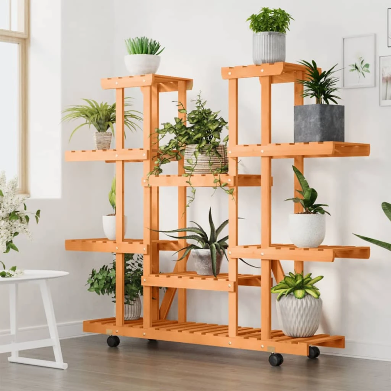 vidaXL puķu statīvs ar ritenīšiem, 110x25x115 cm, egles masīvkoks