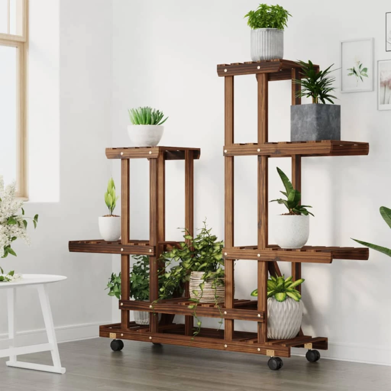 vidaXL puķu statīvs ar ritenīšiem, 95x25x101 cm, egles masīvkoks