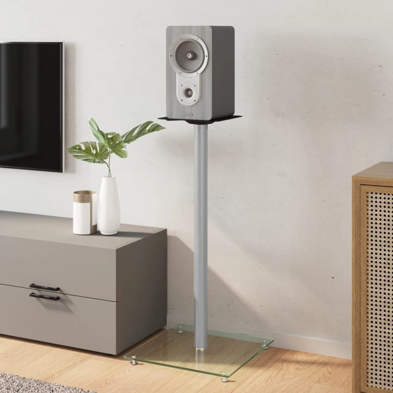 vidaXL skaļruņu statīvi, 2 gab., rūdīts stikls, 1 balsts, sudrabaini