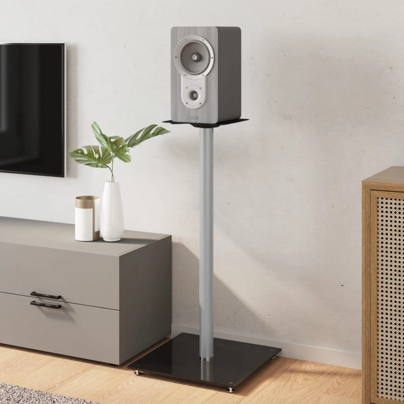 vidaXL skaļruņu statīvi, 2 gab., stikls, 1 balsti, melni, sudrabaini