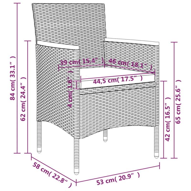 vidaXL 5-daļīgs dārza mēbeļu komplekts ar matračiem, pelēks, melns