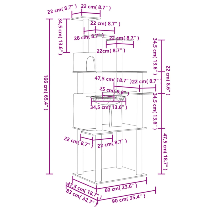 vidaXL kaķu māja ar sizala stabiem nagu asināšanai, 166 cm, krēmkrāsas