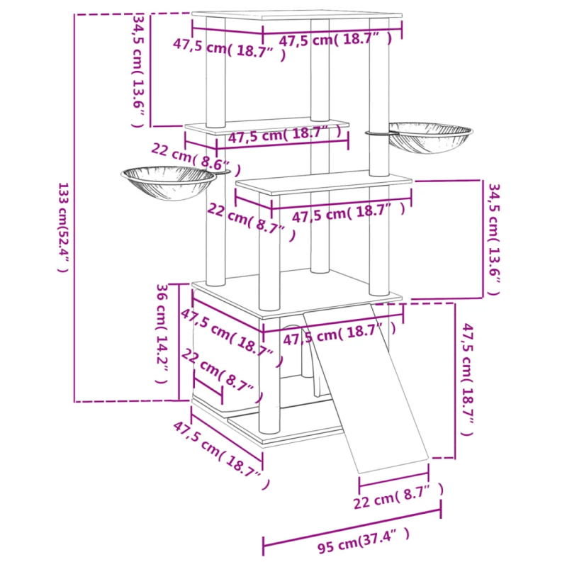 vidaXL kaķu māja ar sizala stabiem nagu asināšanai, 133 cm, pelēka