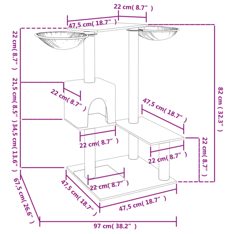 vidaXL kaķu māja ar sizala stabiem nagu asināšanai, 82 cm, pelēka
