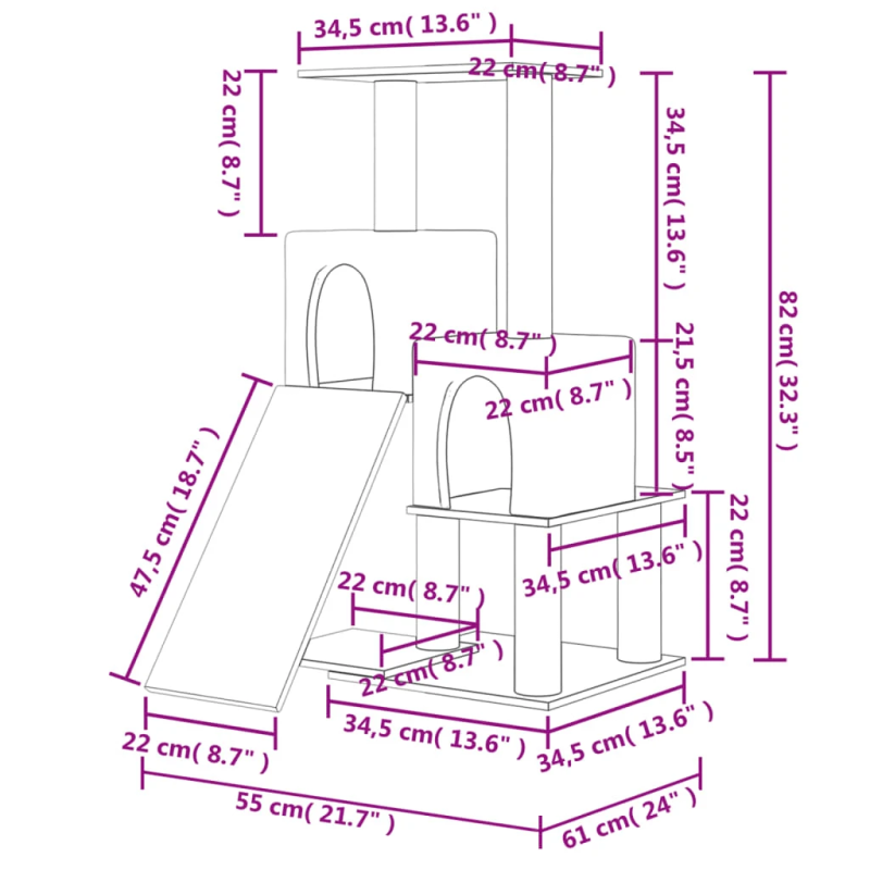vidaXL kaķu māja ar sizala stabiem nagu asināšanai, 82 cm, krēmkrāsas