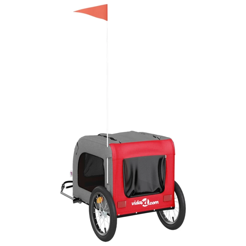 vidaXL mājdzīvnieku velo piekabe, sarkana ar pelēku, audums, dzelzs