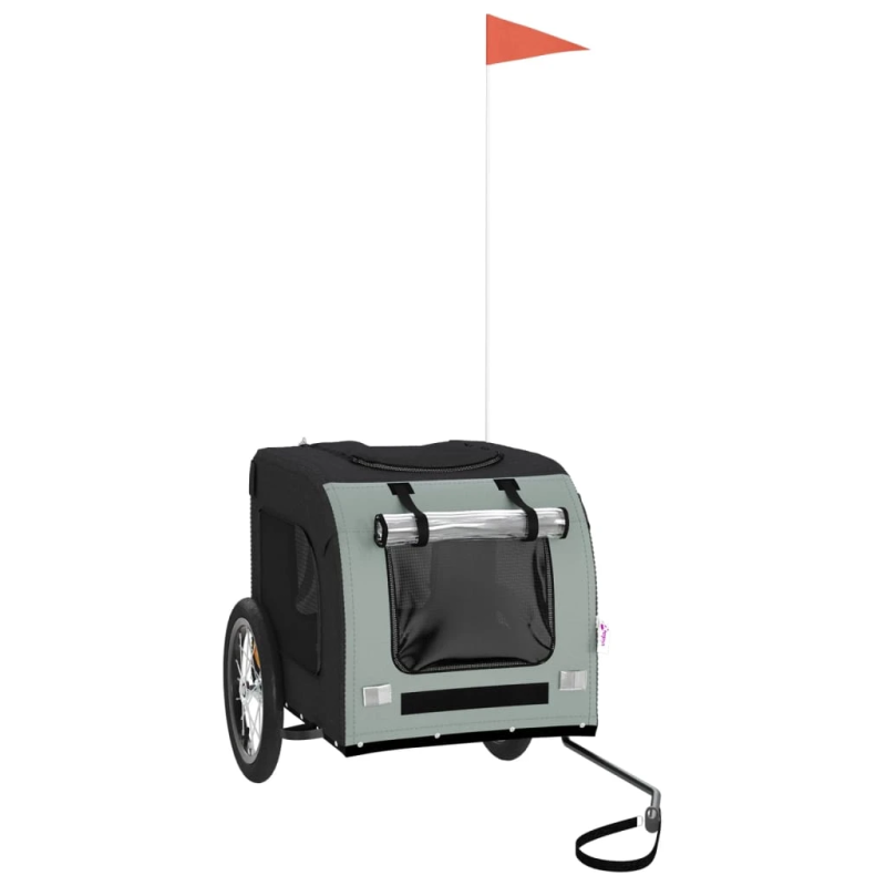 vidaXL mājdzīvnieku velo piekabe, melna ar pelēku, audums un dzelzs