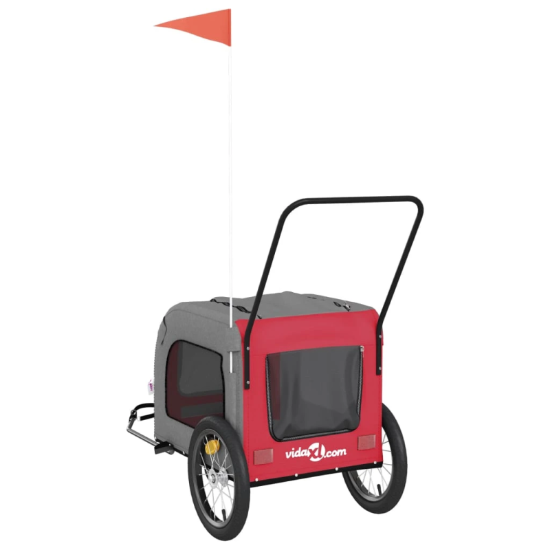 vidaXL mājdzīvnieku velo piekabe, sarkana ar pelēku, audums, dzelzs