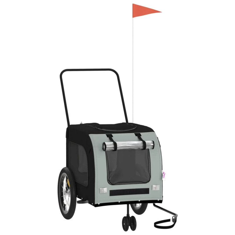 vidaXL mājdzīvnieku velo piekabe, melna ar pelēku, audums un dzelzs