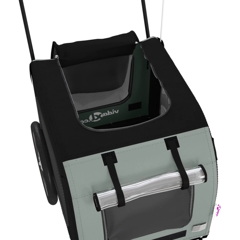 vidaXL mājdzīvnieku velo piekabe, melna ar pelēku, audums un dzelzs