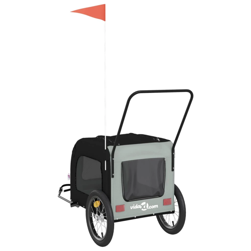 vidaXL mājdzīvnieku velo piekabe, melna ar pelēku, audums un dzelzs