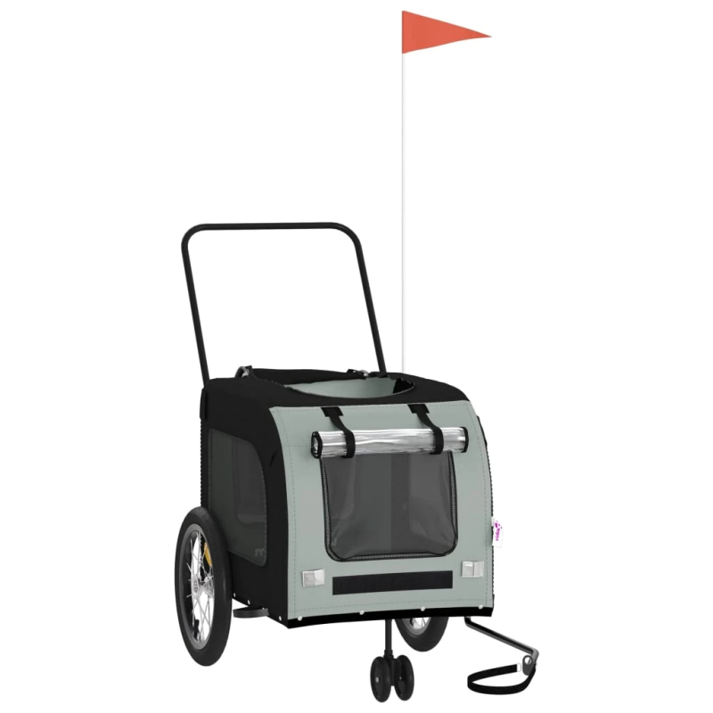 vidaXL mājdzīvnieku velo piekabe, melna ar pelēku, audums un dzelzs