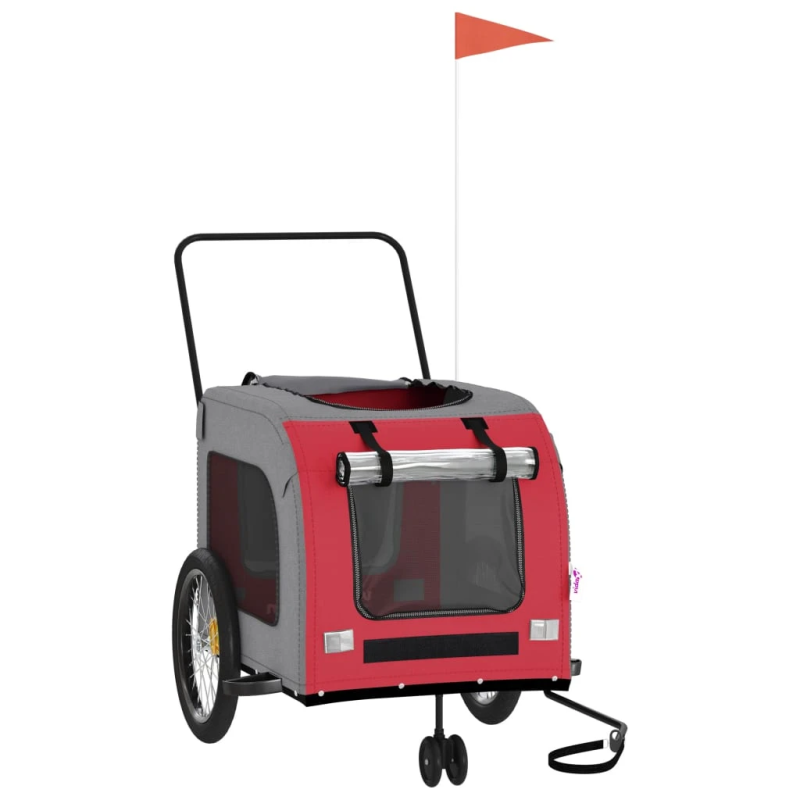 vidaXL mājdzīvnieku velo piekabe, sarkana ar pelēku, audums, dzelzs