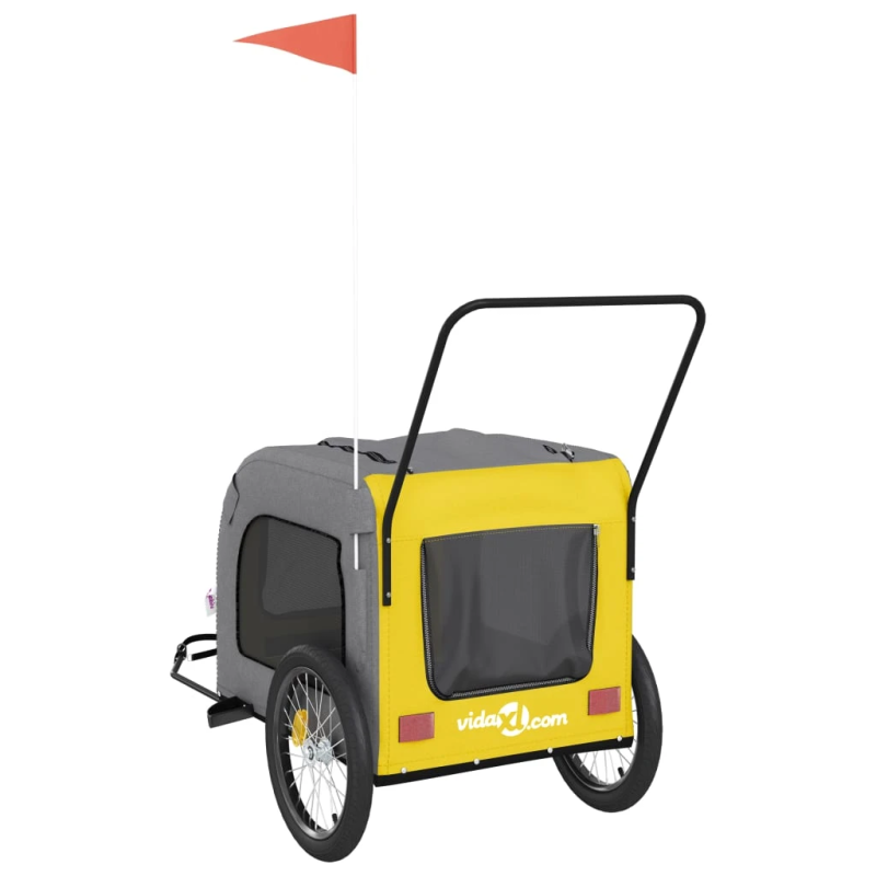 vidaXL mājdzīvnieku velo piekabe, dzeltena ar pelēku, audums, dzelzs