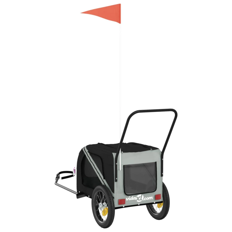 vidaXL mājdzīvnieku velo piekabe, melna ar pelēku, audums, dzelzs