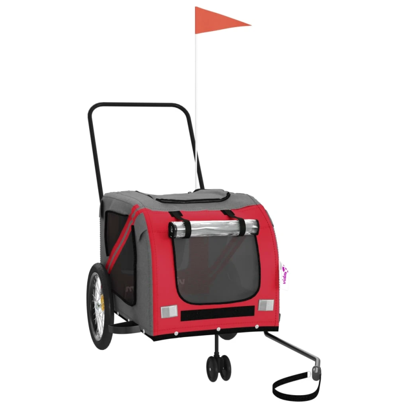 vidaXL mājdzīvnieku velo piekabe, sarkana ar pelēku, audums, dzelzs