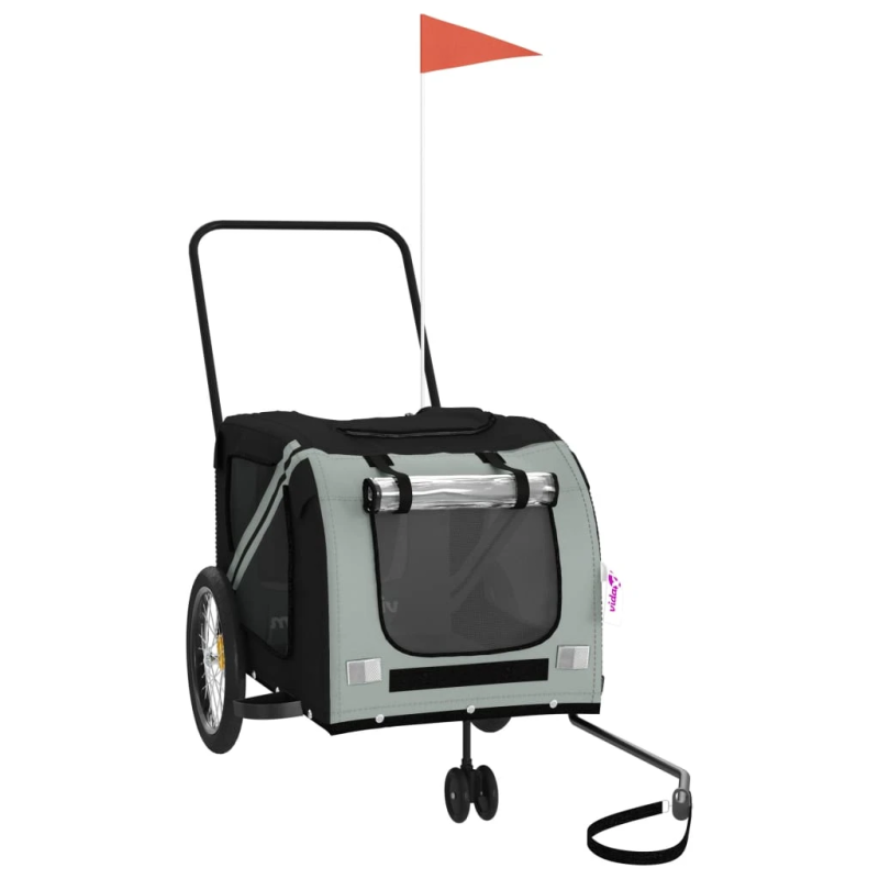 vidaXL mājdzīvnieku velo piekabe, melna ar pelēku, audums, dzelzs