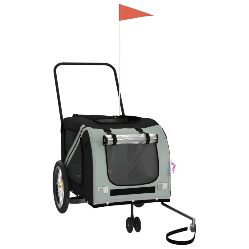 vidaXL mājdzīvnieku velo piekabe, melna ar pelēku, audums, dzelzs