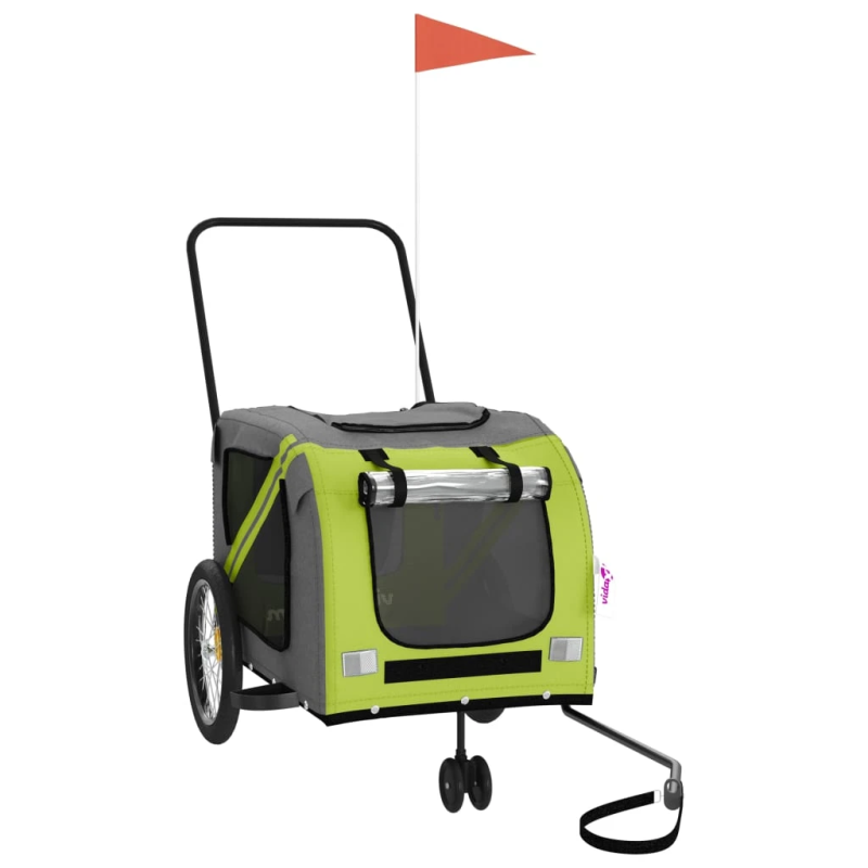 vidaXL mājdzīvnieku velo piekabe, zaļa ar pelēku, audums, dzelzs
